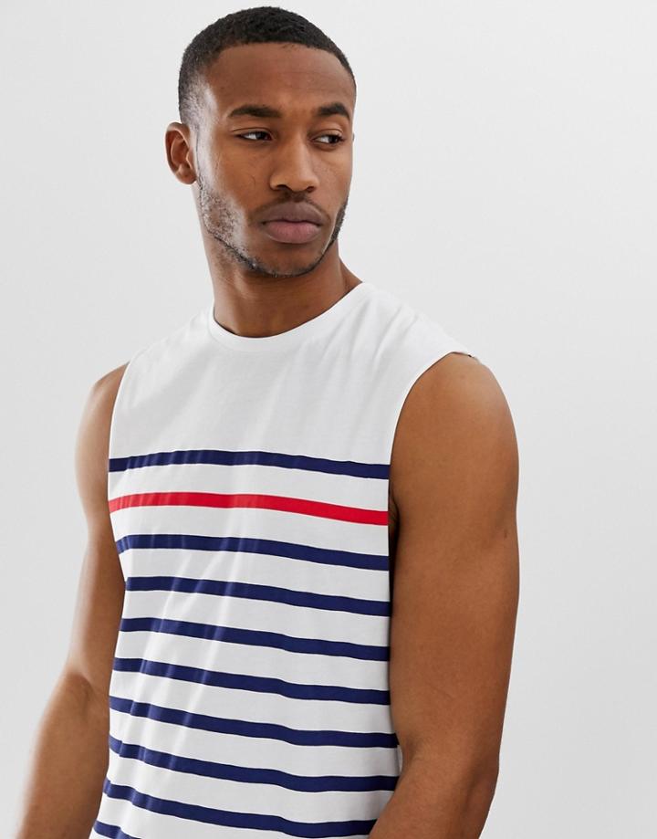 Asos Design Sleeveless T-shirt With Navy And Red Stripe-white