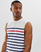 Asos Design Sleeveless T-shirt With Navy And Red Stripe-white