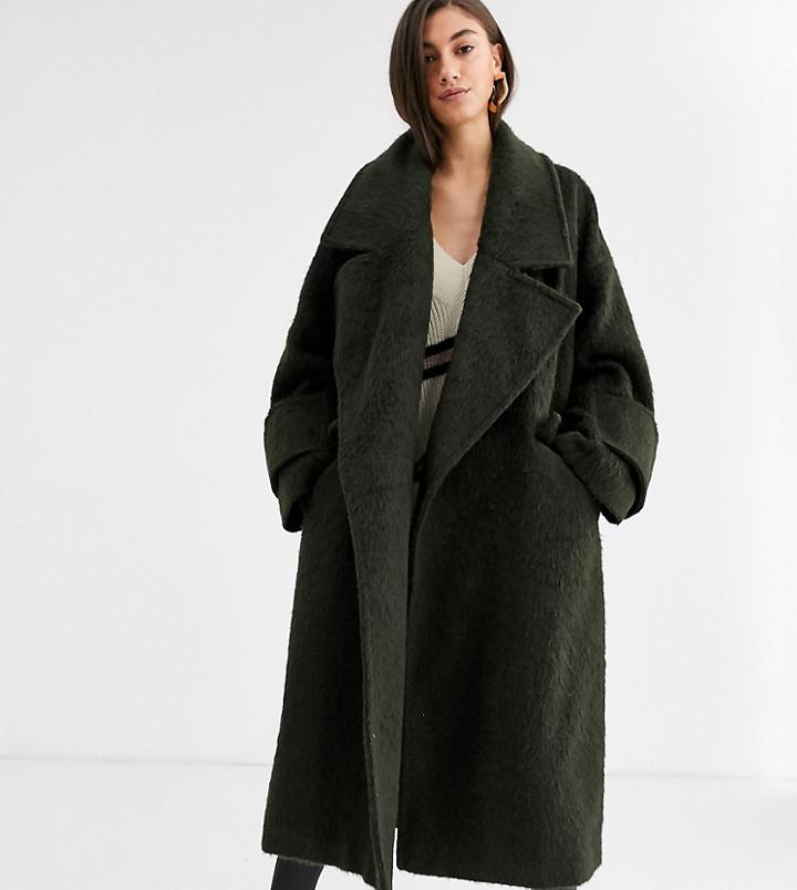 Asos Design Tall Hero Coat With Cuff Detail In Khaki