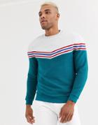 Asos Design Sweatshirt With Chevron Color Block In Ribbed Fabric-green