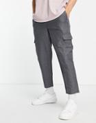 Jack & Jones Intelligence Wide Fit Cropped Herringbone Cargo Pants In Gray