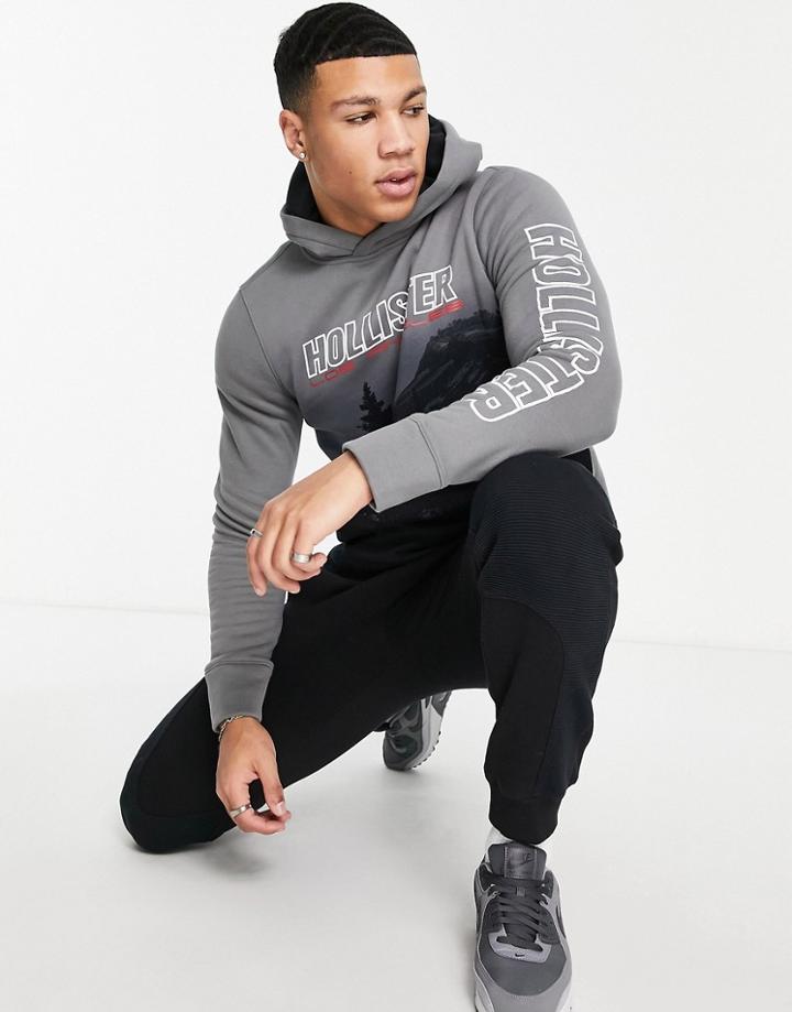 Hollister Scenic Logo Print Hoodie In Dark Gray