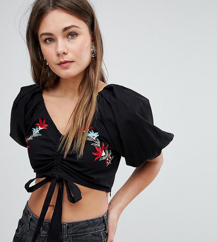 Boohoo Floral Embroidered Ruched Crop Top - Black
