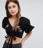 Boohoo Floral Embroidered Ruched Crop Top - Black