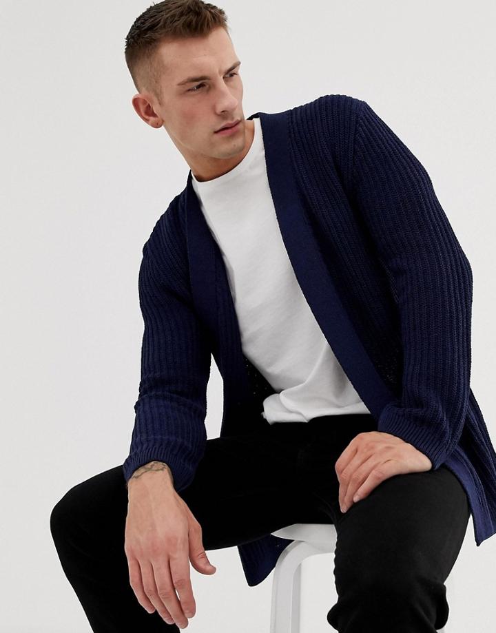 Asos Design Relaxed Fit Fisherman Rib Cardigan In Navy