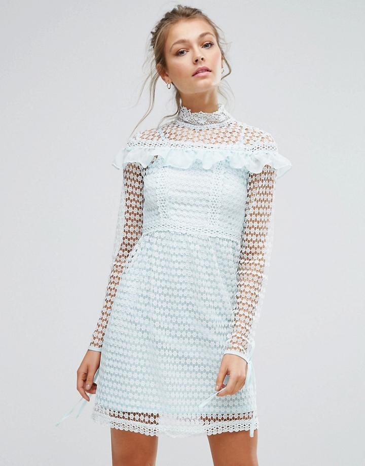 True Decadence High Neck Lace Mini Dress With Long Sleeves And Ruffle Details - Green