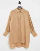 Threadbare Oversized Balloon Sleeve Shirt Dress In Taupe-pink