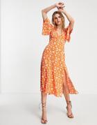 Asos Design Angel Sleeve Midi Dress In Red Floral Print-multi