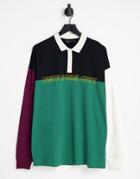 Asos Design Oversized Long Sleeve Polo T-shirt In Green & Burgundy Color Block With City Print-multi