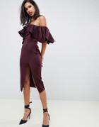 Asos Design Extreme Ruffle Bardot Midi Dress With Concertina Neckline-purple