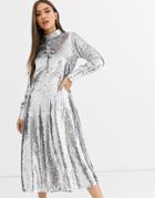 Neon Rose Midi Shirt Dress With Full Skirt In Sequin-silver