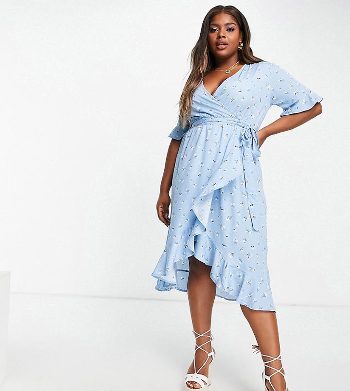 Influence Plus Wrap Front Midi Dress In Floral Print-blues