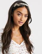 Asos Design Headband With Graduating Pearls And Feather Embellishment In Gold Tone