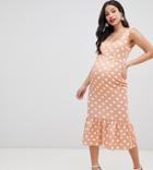 Asos Design Maternity Polka Dot Scallop Bodycon Midi Dress-multi