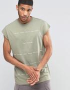 Asos Oversized Sleeveless T-shirt With Placement Text In Green - Vetiver Green