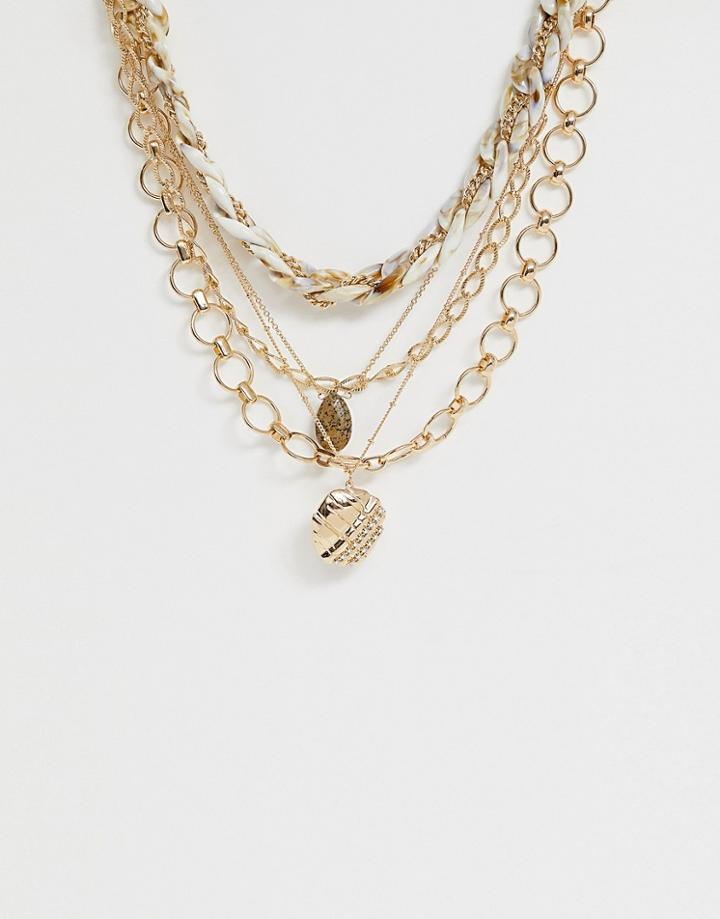 Asos Design Multirow Necklace With Resin And Mixed Design Chains And Worn Coin Pendant In Gold Tone - Gold