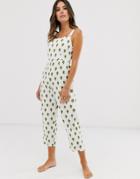 Zulu And Zephyr Square Neck Linen Beach Jumpsuit In Palm Print-multi