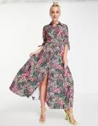 Style Cheat Belted Shirt Midi Dress In Mixed Florals-multi