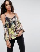 Asos Top In Pretty Historical Print With Long Sleeve - Multi