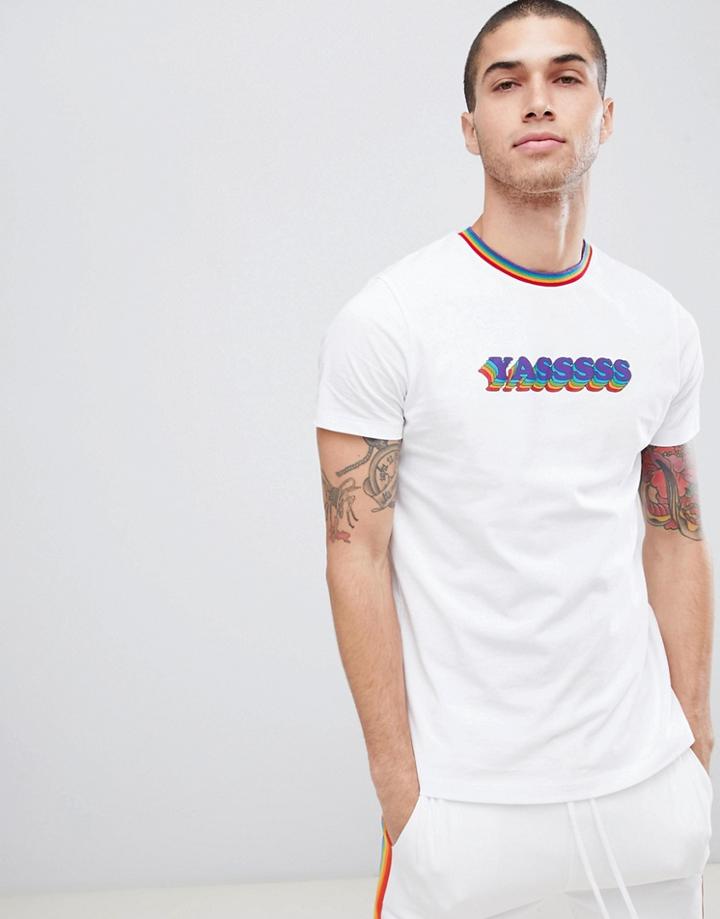 Asos Design T-shirt With Rainbow Neck Trim And Text Print - White