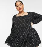 Yours Long Sleeve Tiered Smock Dress In Black Ditsy Floral
