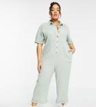 Asos Design Curve Button Through Chuck On Shirt Jumpsuit In Sage-green