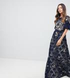 Frock And Frill Tall Allover Floral Embroidered Lace Maxi Dress With Flutter Sleeve-navy