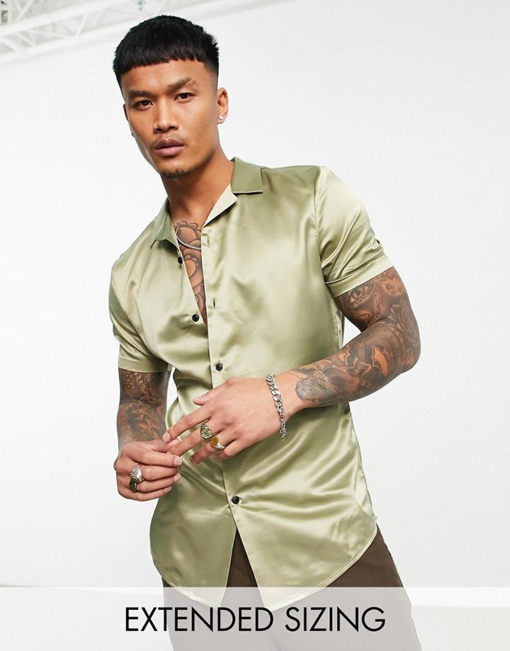 Asos Design Skinny Satin Shirt In Khaki-green