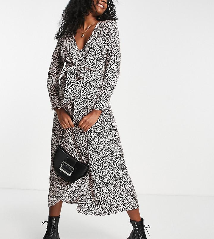 Asos Design Maternity Exclusive Tie Waist Button Up Midi Dress In Pink Animal Print-multi