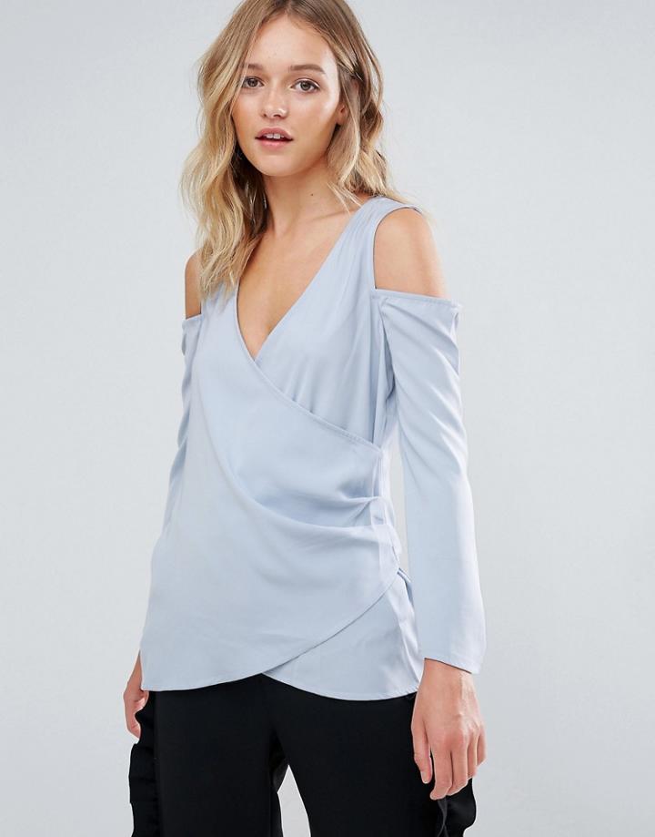 Neon Rose Cold Shoulder Wrap Blouse - Blue