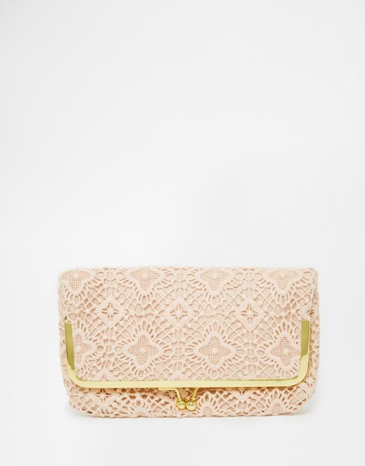 Daisy Street Fold Over Clutch Bag With Lace Overlay - Pink