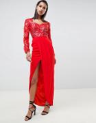 Virgos Lounge Darline Embellished Sweetheart Maxi Dress With Thigh Split In Red