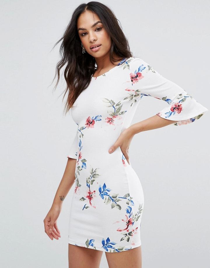 Ax Paris 3/4 Frill Sleeve Floral Print Dress - Multi