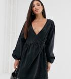 Asos Design Tall Denim Wrap Smock Mini Dress In Black - Black