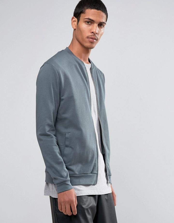 Asos Jersey Bomber Jacket In Washed Blue - Blue