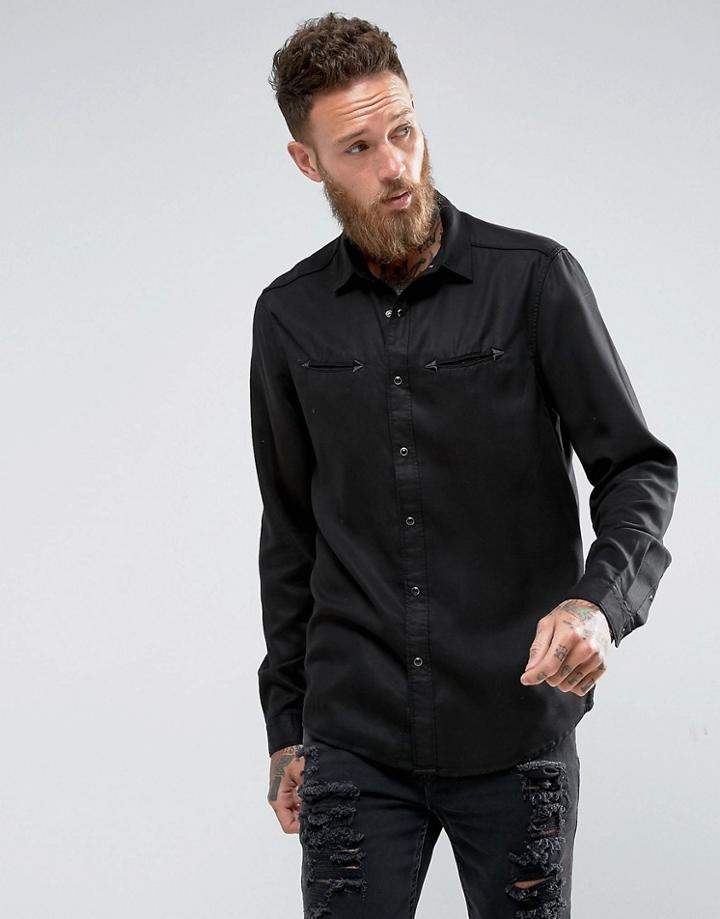 Asos Regular Fit Shirt In Drape Fabric With Western Pockets In Black - Black