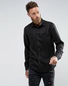 Asos Regular Fit Shirt In Drape Fabric With Western Pockets In Black - Black