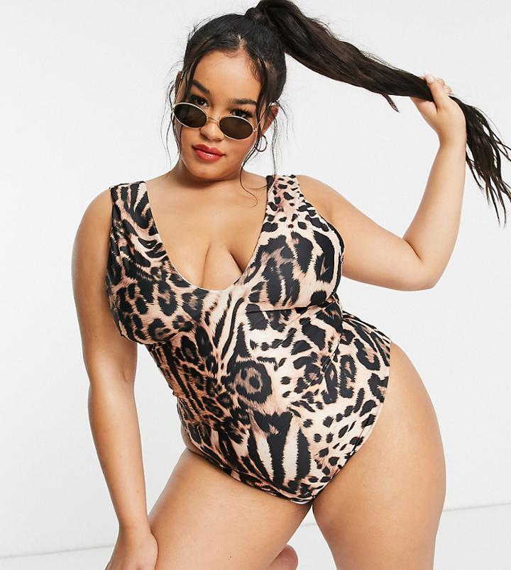 Asos Design Curve Deep Plunge Swimsuit In Marked Animal Print-multi
