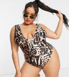 Asos Design Curve Deep Plunge Swimsuit In Marked Animal Print-multi