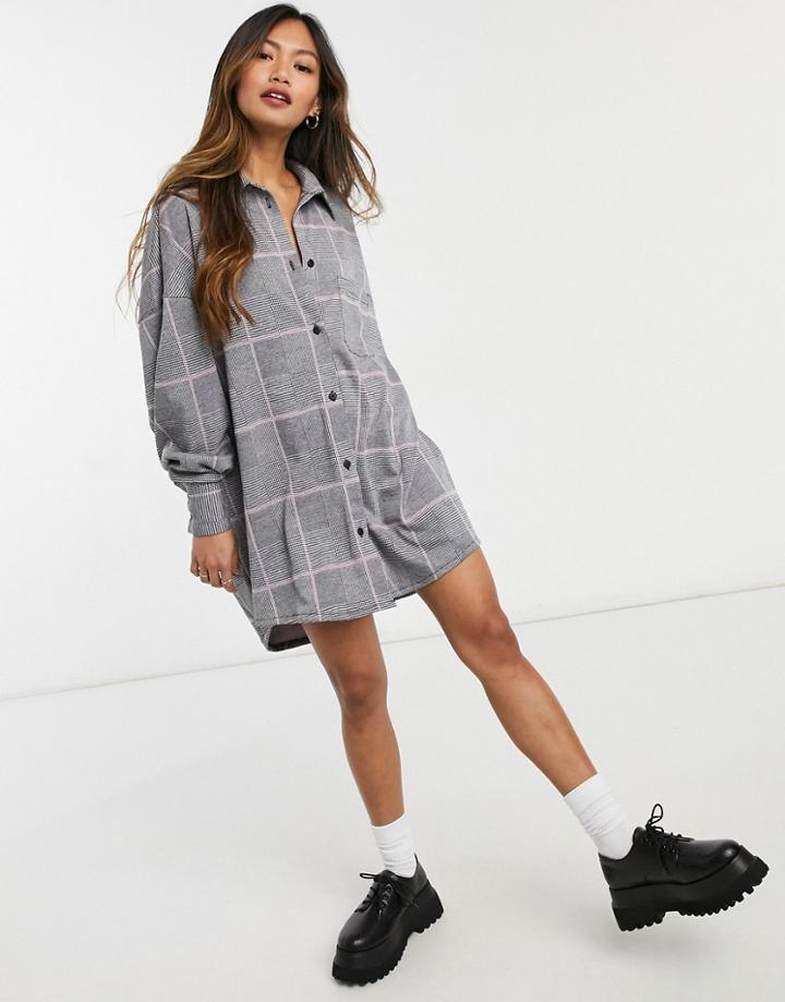 Asos Design Mini Long Sleeve Shirt Dress In Pink And Gray