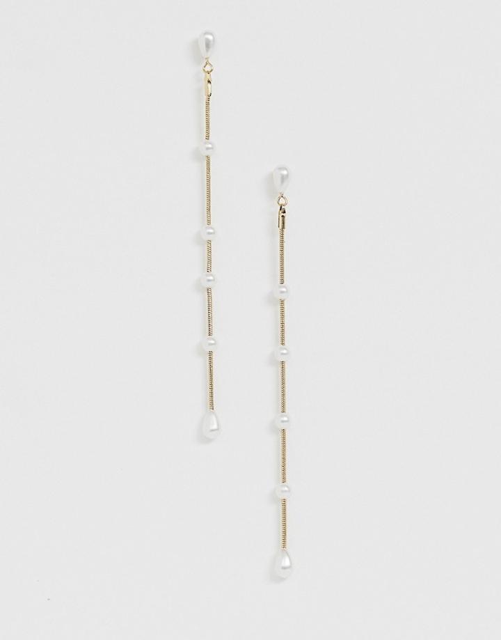 Asos Design Earrings In Long Pearl Drop Design - Gold