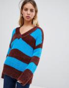 Wild Honey Oversized V Neck Sweater In Stripe - Blue