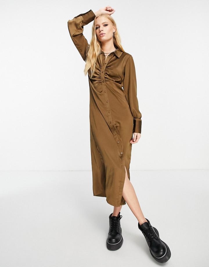 Object Long Sleeve Ruched Satin Midi Dress In Chocolate Brown