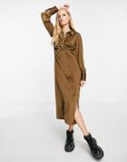 Object Long Sleeve Ruched Satin Midi Dress In Chocolate Brown