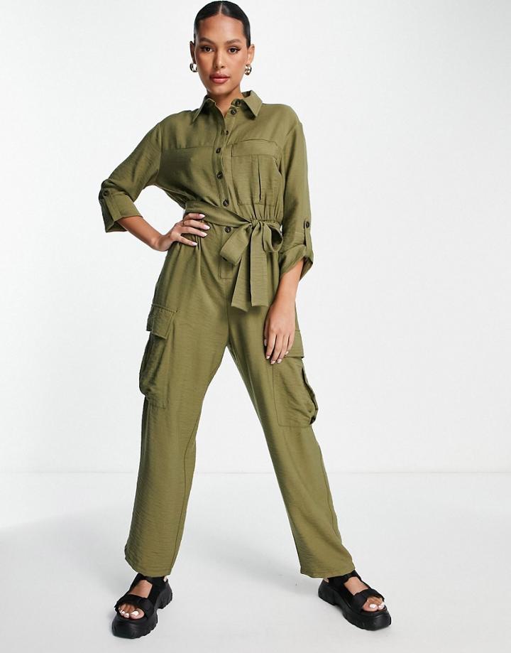 Topshop Utility Jumpsuit With Pockets In Khaki-green