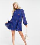 Asos Design Petite Pleated Trapeze Mini Dress With All Over Embroidery In Navy