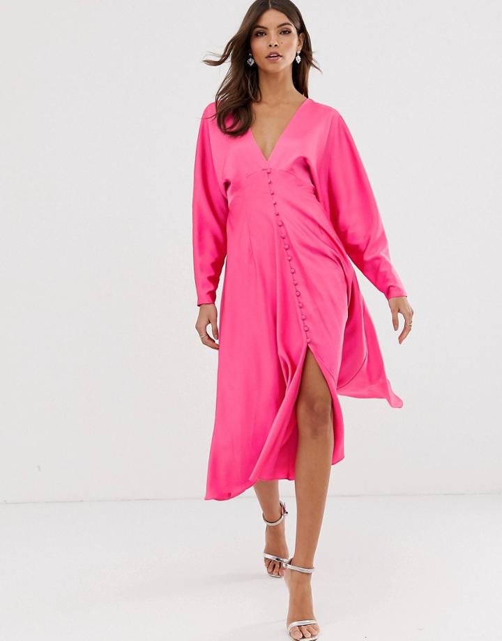 Asos Edition Lattice Back Midi Dress In Satin - Pink