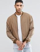 Asos Oversized Lightweight Jersey Bomber Jacket With Woven Panel - Beige
