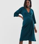 Asos Design Maternity Exclusive Midi Dress With Drape Waist Detail-green