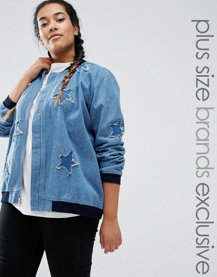 Daisy Street Plus Star Embroidered Bomber Jacket - Blue